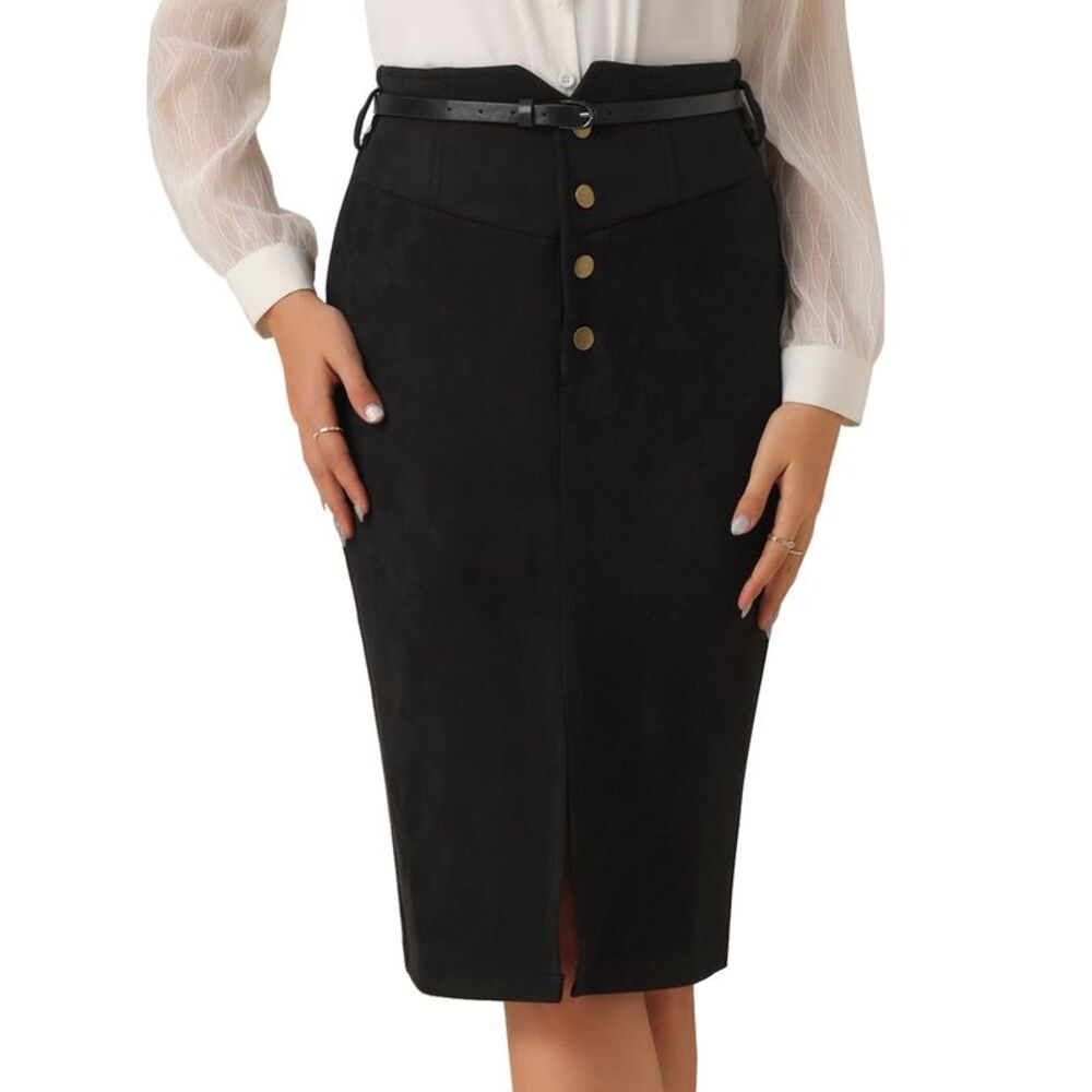 Faux Suede Skirt High Rise Button Front A-line Slit Skirt Black